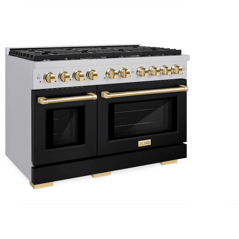 ZLINE Autograph Edition 48 in. 6.7 cu. ft. Paramount Double Oven Gas Range with 8 Burner Cooktop in Stainless Steel with Black Matte Doors and Polished Gold Accents (SGRZ-BLM-48-G) side, oven closed.