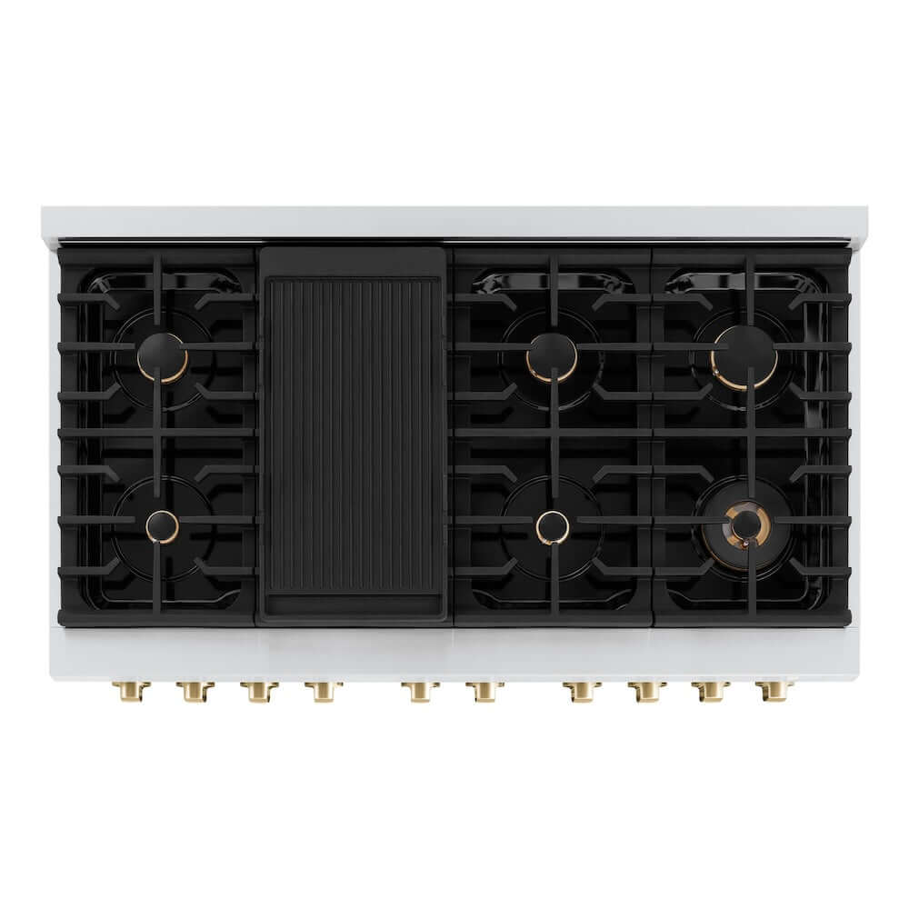 ZLINE Autograph Edition 48 in. Gas Range with Black Matte Doors and Polished Gold Accents (SGRZ-BLM-48-G) from above showing 8-burner gas cooktop and reversible griddle.