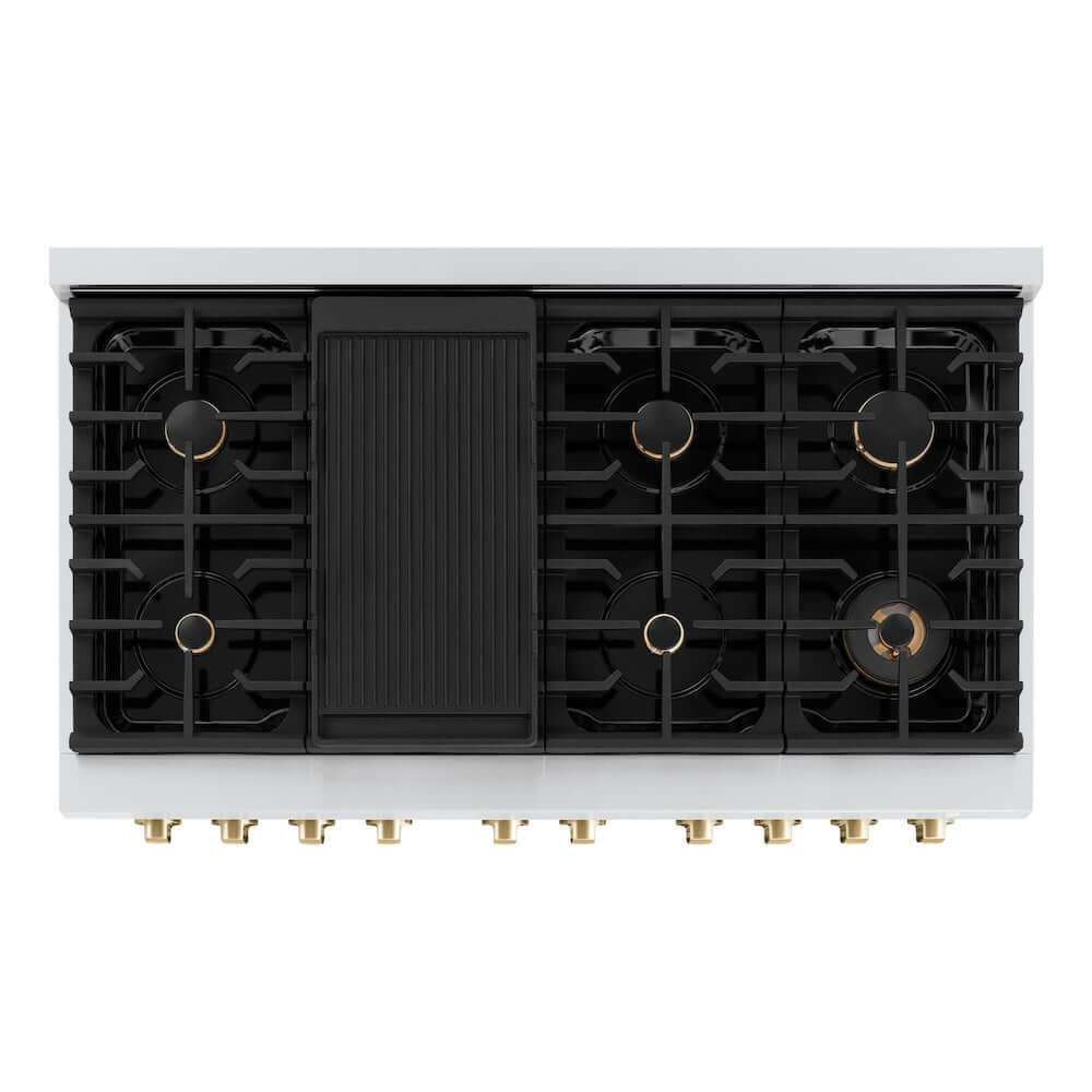 ZLINE Autograph Edition 48 in. 6.7 cu. ft. Paramount Double Oven Gas Range with 8 Burner Cooktop in Stainless Steel with Black Matte Doors and Polished Gold Accents (SGRZ-BLM-48-G) top-down, above cooktop.