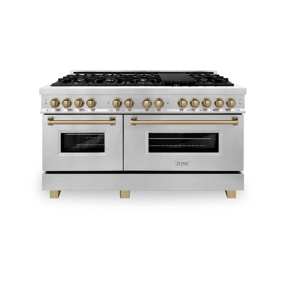ZLINE Autograph Edition 60 in. 7.4 cu. ft. Dual Fuel Range with Gas Stove and Electric Oven in Stainless Steel with Champagne Bronze Accents (RAZ-60-CB) front, oven closed.