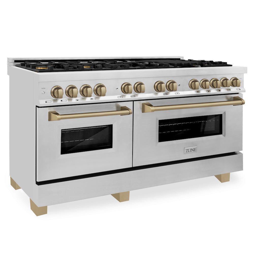 ZLINE Autograph Edition 60 in. 7.4 cu. ft. Legacy Dual Fuel Range with 9 Burner Gas Cooktop and 2 Electric Convection Ovens in Stainless Steel and Champagne Bronze Accents (RAZ-60-CB) main image.