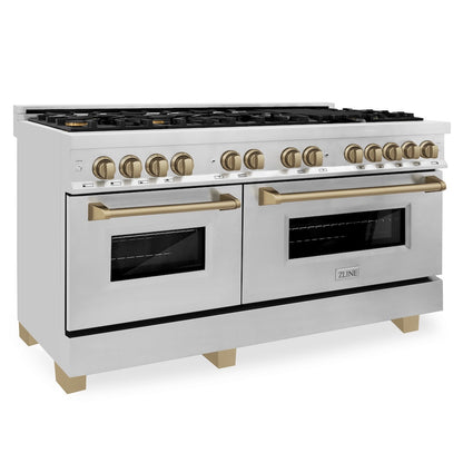 ZLINE Autograph Edition 60 in. 7.4 cu. ft. Legacy Dual Fuel Range with 9 Burner Gas Cooktop and 2 Electric Convection Ovens in Stainless Steel and Champagne Bronze Accents, Open Box-Good Condition