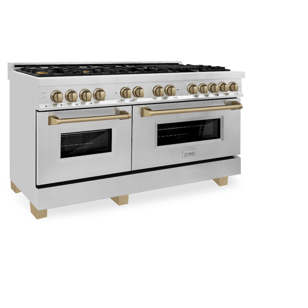 ZLINE Autograph Edition 60 in. 7.4 cu. ft. Dual Fuel Range with Gas Stove and Electric Oven in Stainless Steel with Champagne Bronze Accents (RAZ-60-CB) side, oven closed.