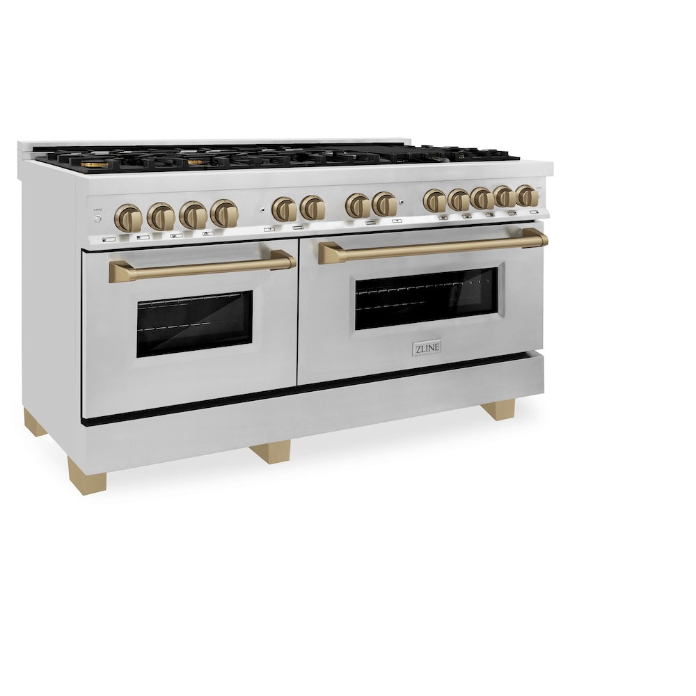 ZLINE Autograph Edition 60 in. 7.4 cu. ft. Legacy Dual Fuel Range with 9 Burner Gas Cooktop and 2 Electric Convection Ovens in Stainless Steel and Champagne Bronze Accents, Open Box-Good Condition