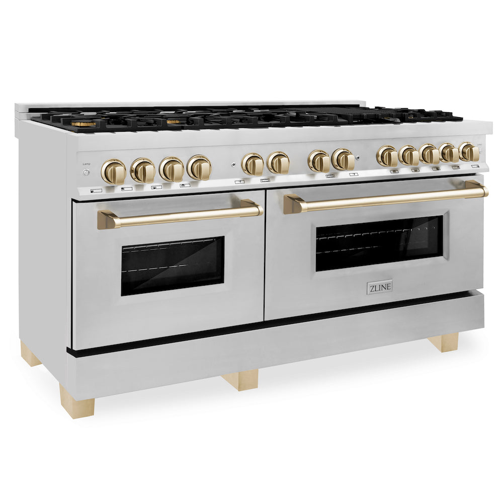 ZLINE Autograph Edition 60 in. 7.4 cu. ft. Dual Fuel Range with Gas Stove and Electric Oven in Stainless Steel with Polished Gold Accents (RAZ-60-G)