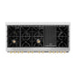 ZLINE Autograph Edition 60 in. 7.4 cu. ft. Legacy Dual Fuel Range with 9 Burner Gas Cooktop and 2 Electric Convection Ovens in Stainless Steel and Polished Gold Accents (RAZ-60-G) top-down, above cooktop.