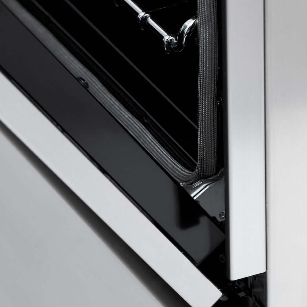 ZLINE Autograph Edition 60 in. 7.4 cu. ft. Dual Fuel Range with Gas Stove and Electric Oven in Stainless Steel with Matte Black Accents (RAZ-60-MB) StayPut Oven Door Hinges close-up.