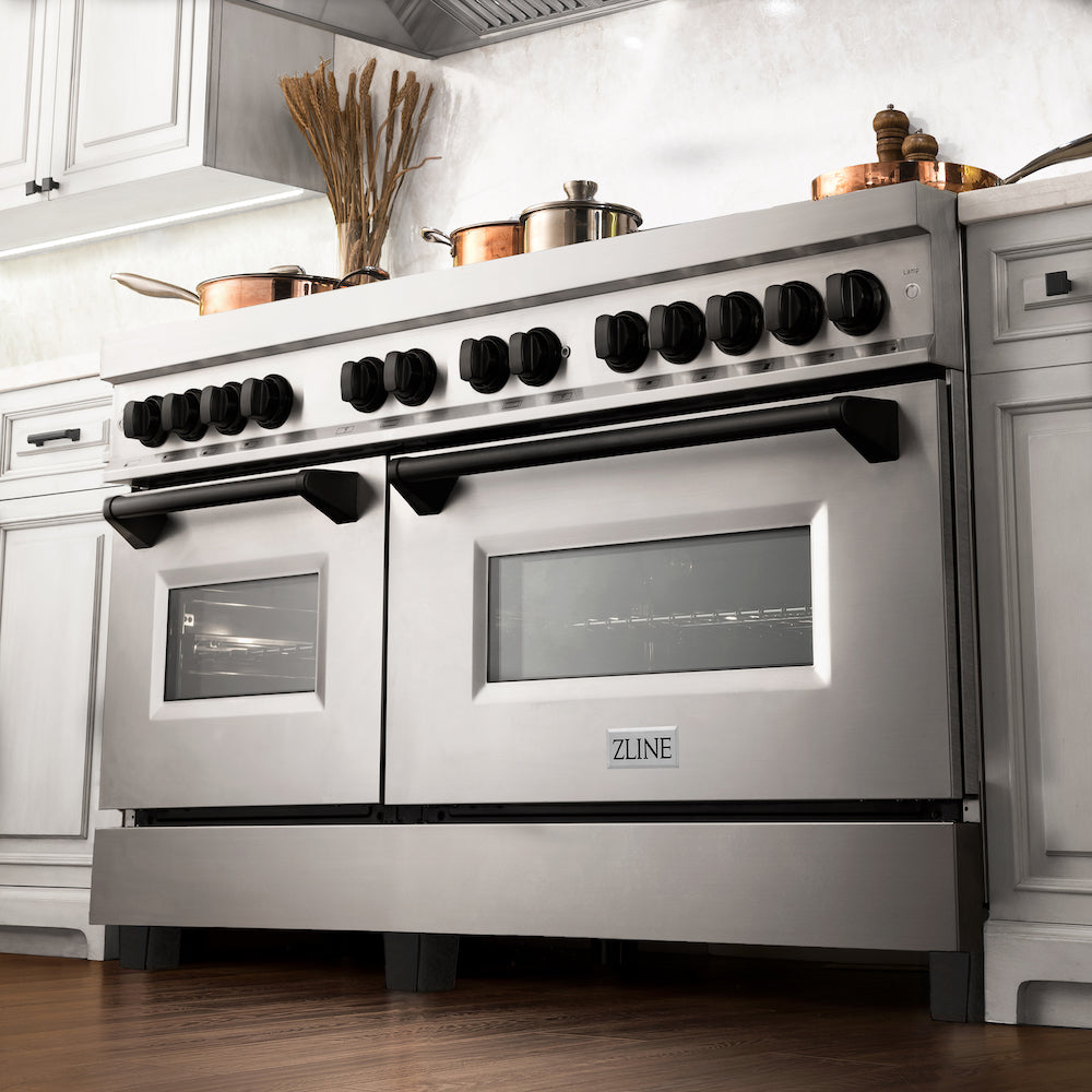 ZLINE Autograph Edition 60 in. 7.4 cu. ft. Legacy Dual Fuel Range with 9 Burner Gas Cooktop and 2 Electric Convection Ovens in Stainless Steel and Matte Black Accents (RAZ-60-MB) in a luxury kitchen.