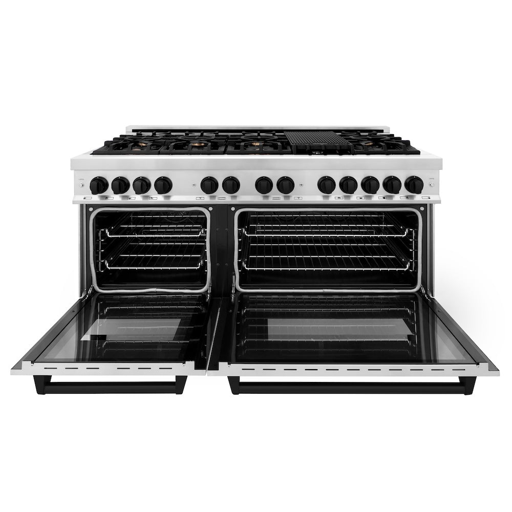 ZLINE Autograph Edition 60 in. 7.4 cu. ft. Legacy Dual Fuel Range with 9 Burner Gas Cooktop and 2 Electric Convection Ovens in Stainless Steel and Matte Black Accents, Open Box-Good Condition