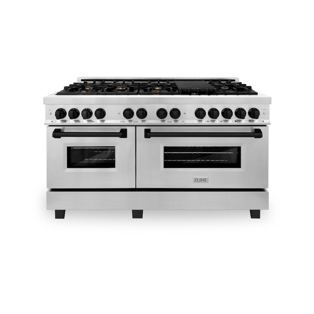 ZLINE Autograph Edition 60 in. 7.4 cu. ft. Legacy Dual Fuel Range with 9 Burner Gas Cooktop and 2 Electric Convection Ovens in Stainless Steel and Matte Black Accents (RAZ-60-MB) front, oven closed.