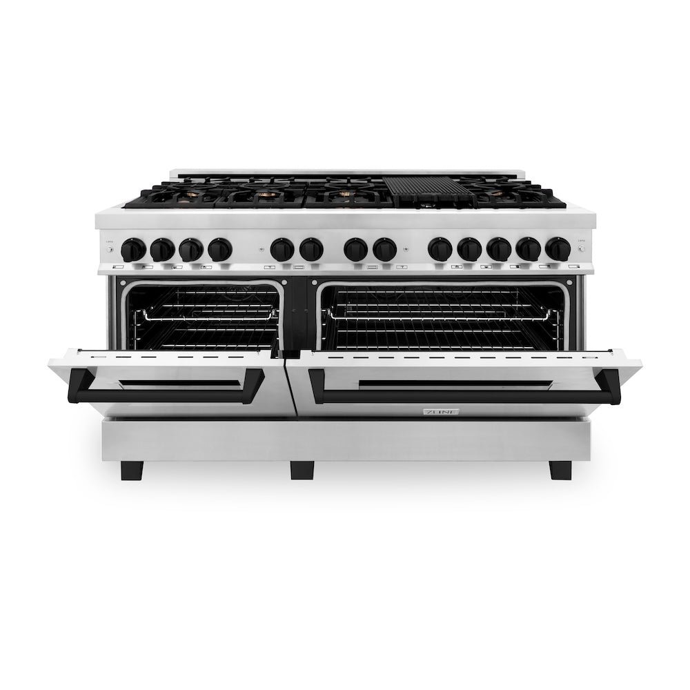 ZLINE Autograph Edition 60 in. 7.4 cu. ft. Legacy Dual Fuel Range with 9 Burner Gas Cooktop and 2 Electric Convection Ovens in Stainless Steel and Matte Black Accents, Open Box-Good Condition