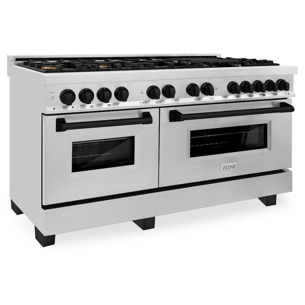 ZLINE Autograph Edition 60 in. 7.4 cu. ft. Legacy Dual Fuel Range with 9 Burner Gas Cooktop and 2 Electric Convection Ovens in Stainless Steel and Matte Black Accents, Open Box-Good Condition