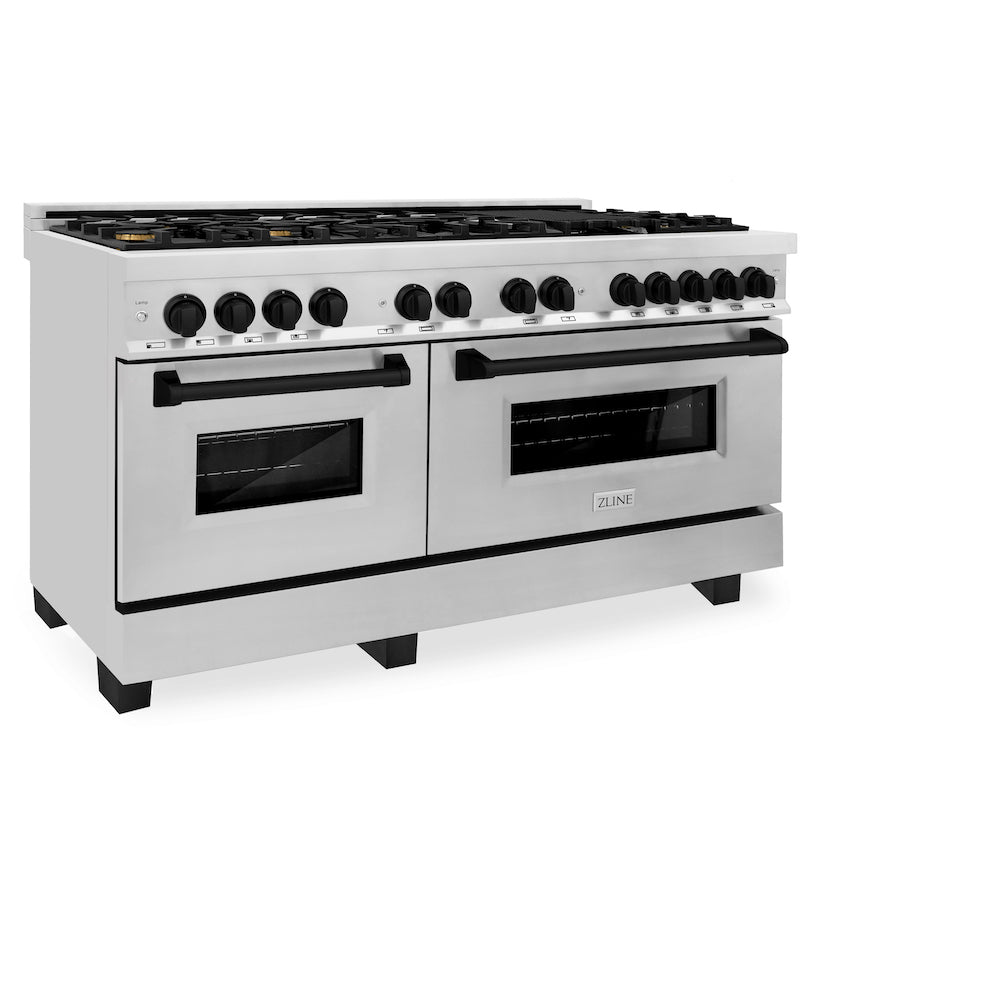 ZLINE Autograph Edition 60 in. 7.4 cu. ft. Dual Fuel Range with Gas Stove and Electric Oven in Stainless Steel with Matte Black Accents (RAZ-60-MB) side, oven closed.
