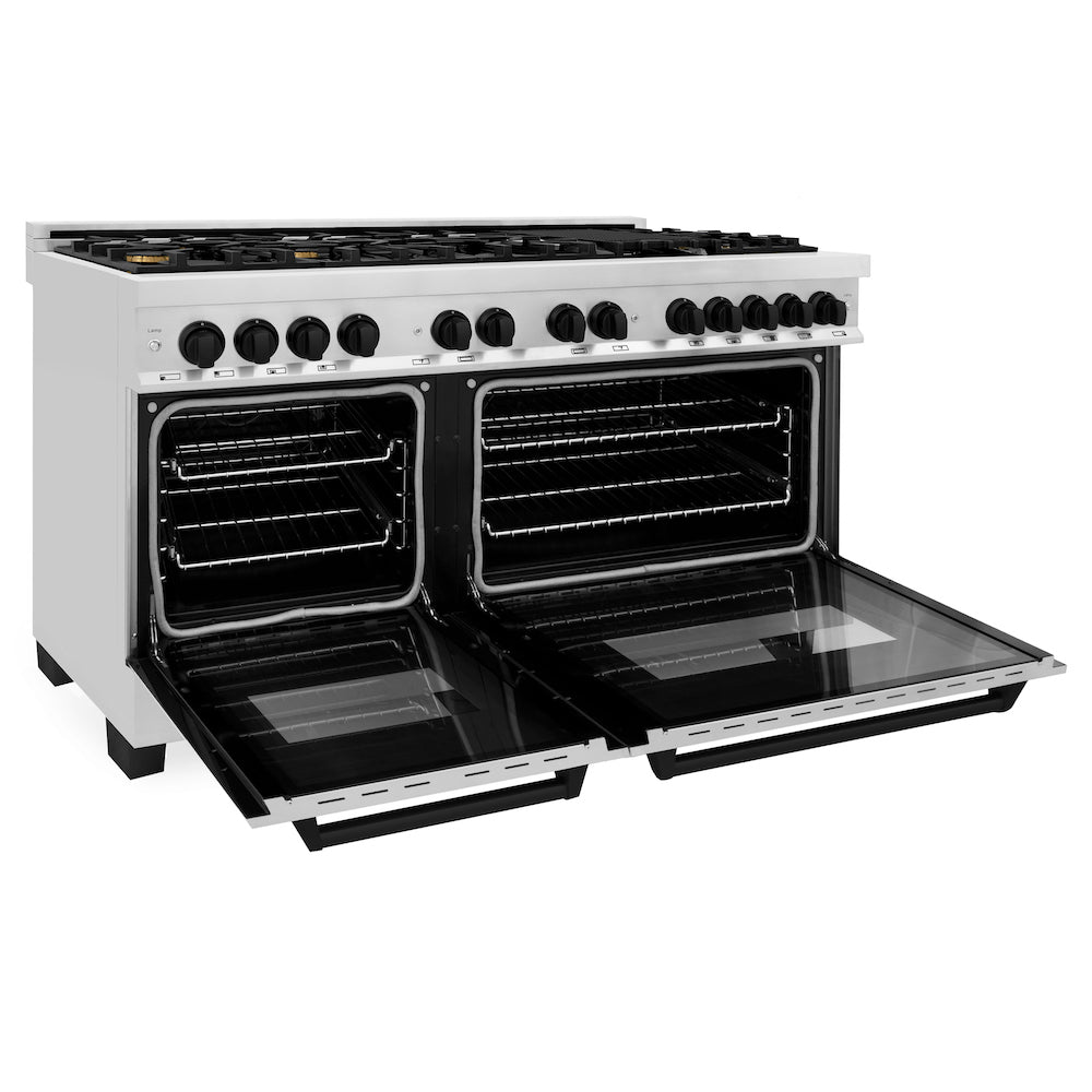 ZLINE Autograph Edition 60 in. 7.4 cu. ft. Dual Fuel Range with Gas Stove and Electric Oven in Stainless Steel with Matte Black Accents (RAZ-60-MB) side, oven open.