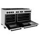 ZLINE Autograph Edition 60 in. 7.4 cu. ft. Legacy Dual Fuel Range with 9 Burner Gas Cooktop and 2 Electric Convection Ovens in Stainless Steel and Matte Black Accents (RAZ-60-MB) side, oven open.