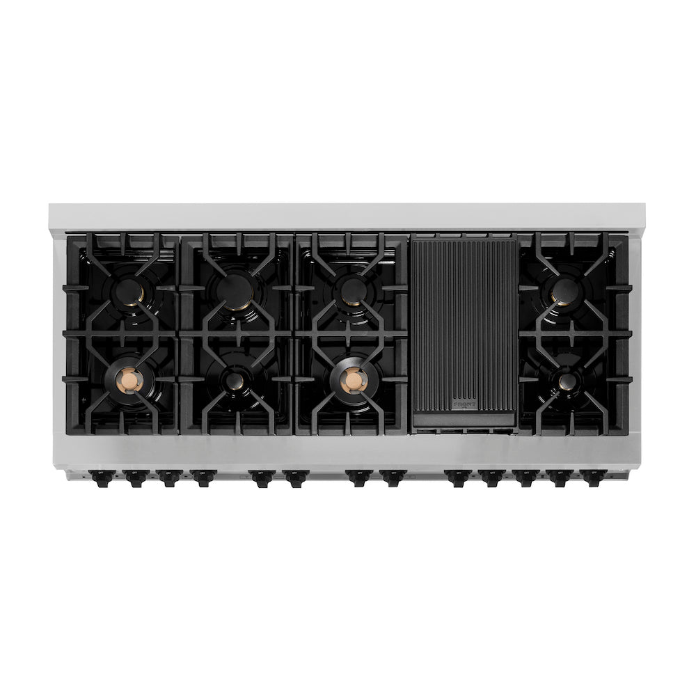ZLINE Autograph Edition 60 in. 7.4 cu. ft. Dual Fuel Range with Gas Stove and Electric Oven in Stainless Steel with Matte Black Accents (RAZ-60-MB) from above showing cooktop.