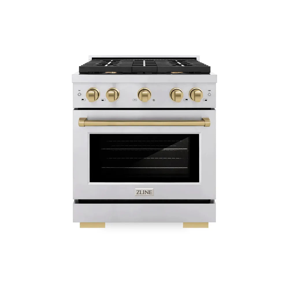 ZLINE Autograph Edition 30 in. 4.2 cu. ft. Paramount Dual Fuel Range with 4 Burner Gas Cooktop and Electric Convection Oven in Stainless Steel with Champagne Bronze Accents, Open Box-Great Condition