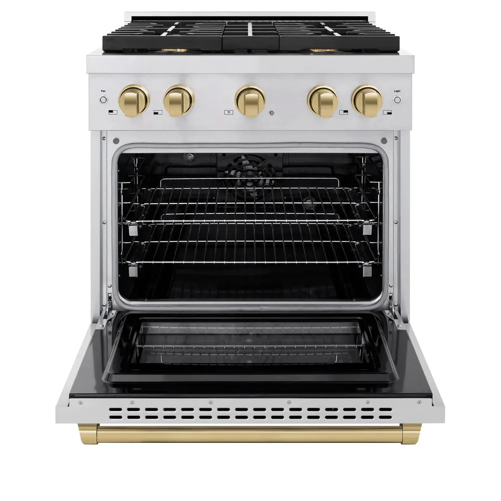 ZLINE Autograph Edition 30 in. 4.2 cu. ft. Paramount Dual Fuel Range with 4 Burner Gas Cooktop and Electric Convection Oven in Stainless Steel with Champagne Bronze Accents, Open Box-Great Condition