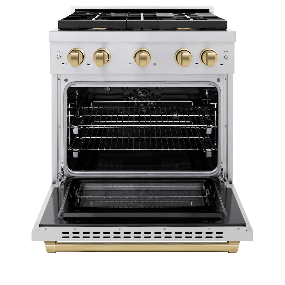 ZLINE Autograph Edition 30 in. 4.2 cu. ft. Paramount Dual Fuel Range with 4 Burner Gas Cooktop and Electric Convection Oven in Stainless Steel with Champagne Bronze Accents (SDRZ-30-CB) front, oven open.