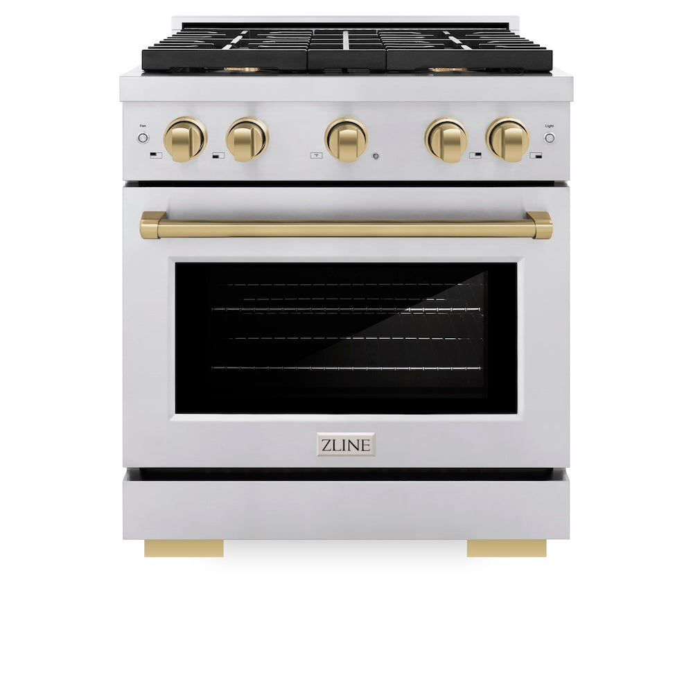 ZLINE Autograph Edition 30 in. 4.2 cu. ft. Paramount Dual Fuel Range with 4 Burner Gas Cooktop and Electric Convection Oven in Stainless Steel with Champagne Bronze Accents (SDRZ-30-CB) front, oven closed.