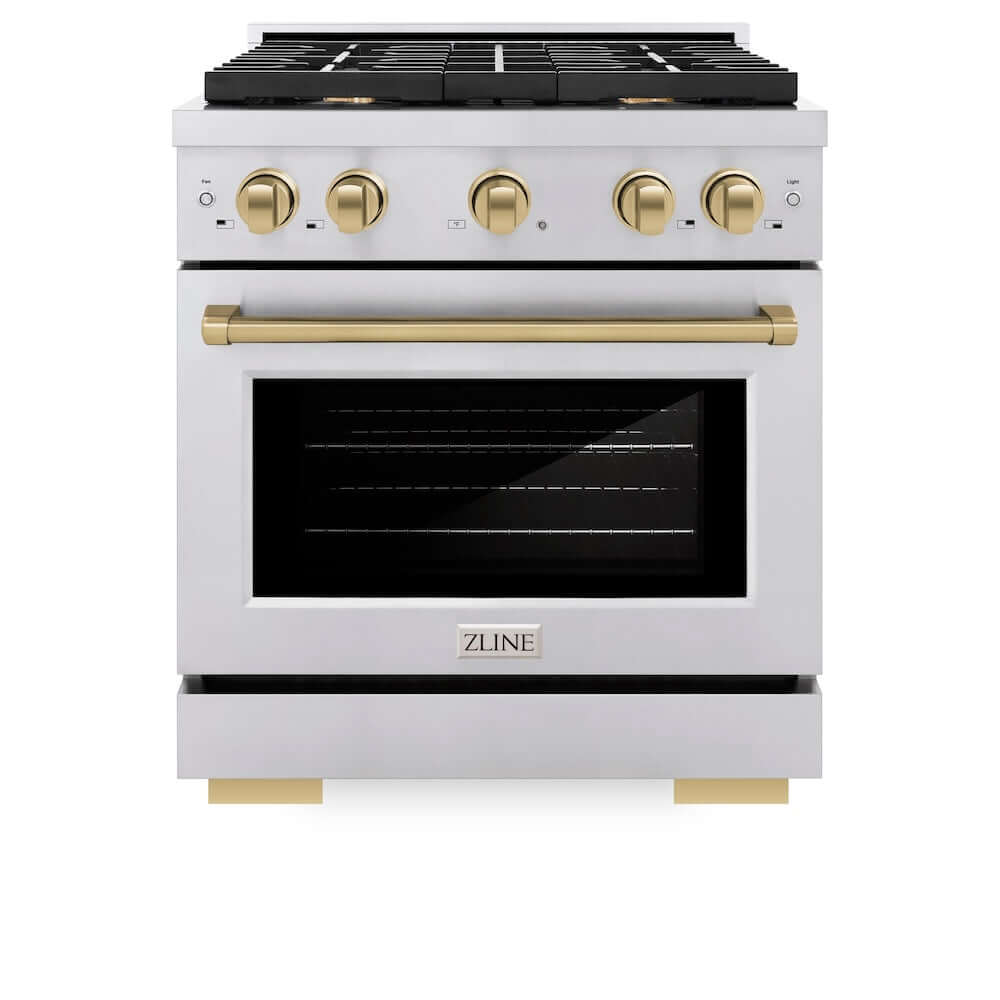 ZLINE Autograph Edition 30 in. 4.2 cu. ft. Paramount Dual Fuel Range with 4 Burner Gas Cooktop and Electric Convection Oven in Stainless Steel with Champagne Bronze Accents (SDRZ-30-CB) front, oven closed.