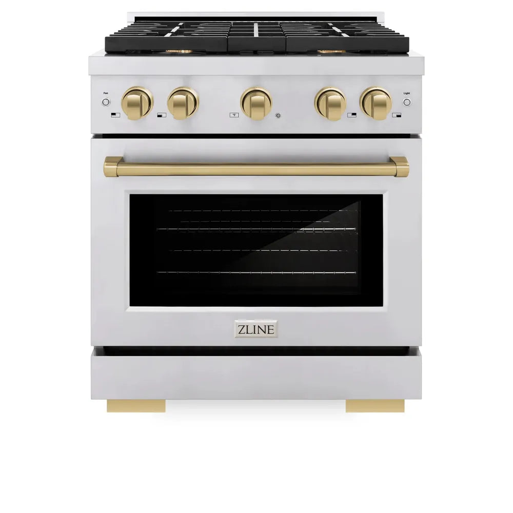 ZLINE Autograph Edition 30 in. 4.2 cu. ft. Paramount Dual Fuel Range with 4 Burner Gas Cooktop and Electric Convection Oven in Stainless Steel with Champagne Bronze Accents, Open Box-Great Condition