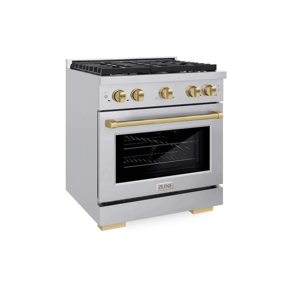 ZLINE Autograph Edition 30 in. 4.2 cu. ft. Paramount Dual Fuel Range with 4 Burner Gas Cooktop and Electric Convection Oven in Stainless Steel with Champagne Bronze Accents (SDRZ-30-CB) main image.
