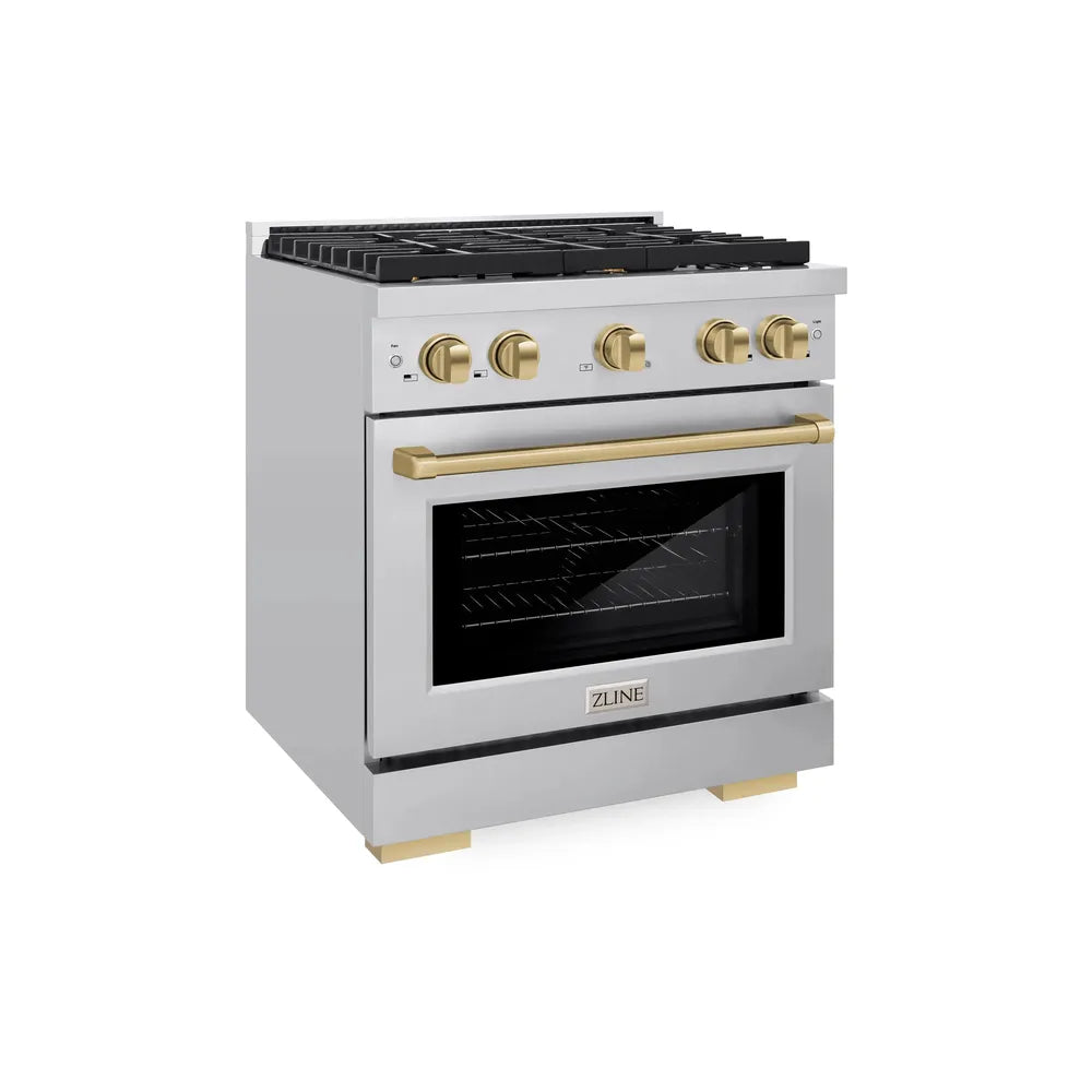 ZLINE Autograph Edition 30 in. 4.2 cu. ft. Paramount Dual Fuel Range with 4 Burner Gas Cooktop and Electric Convection Oven in Stainless Steel with Champagne Bronze Accents, Open Box-Great Condition main image.