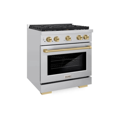ZLINE Autograph Edition 30 in. 4.2 cu. ft. Paramount Dual Fuel Range with 4 Burner Gas Cooktop and Electric Convection Oven in Stainless Steel with Champagne Bronze Accents, Open Box-Great Condition main image.