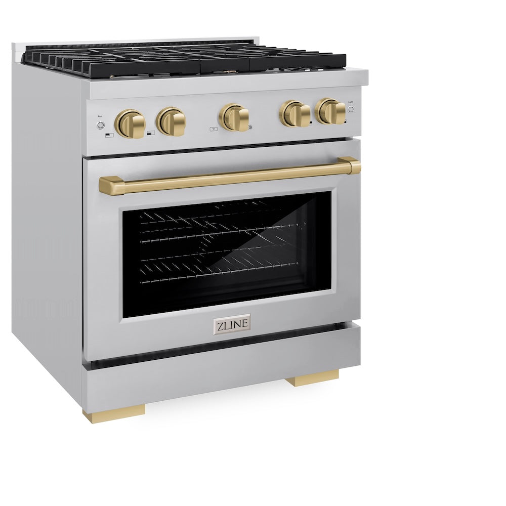 ZLINE Autograph Edition 30 in. 4.2 cu. ft. Paramount Dual Fuel Range with 4 Burner Gas Cooktop and Electric Convection Oven in Stainless Steel with Champagne Bronze Accents (SDRZ-30-CB) side, oven closed.