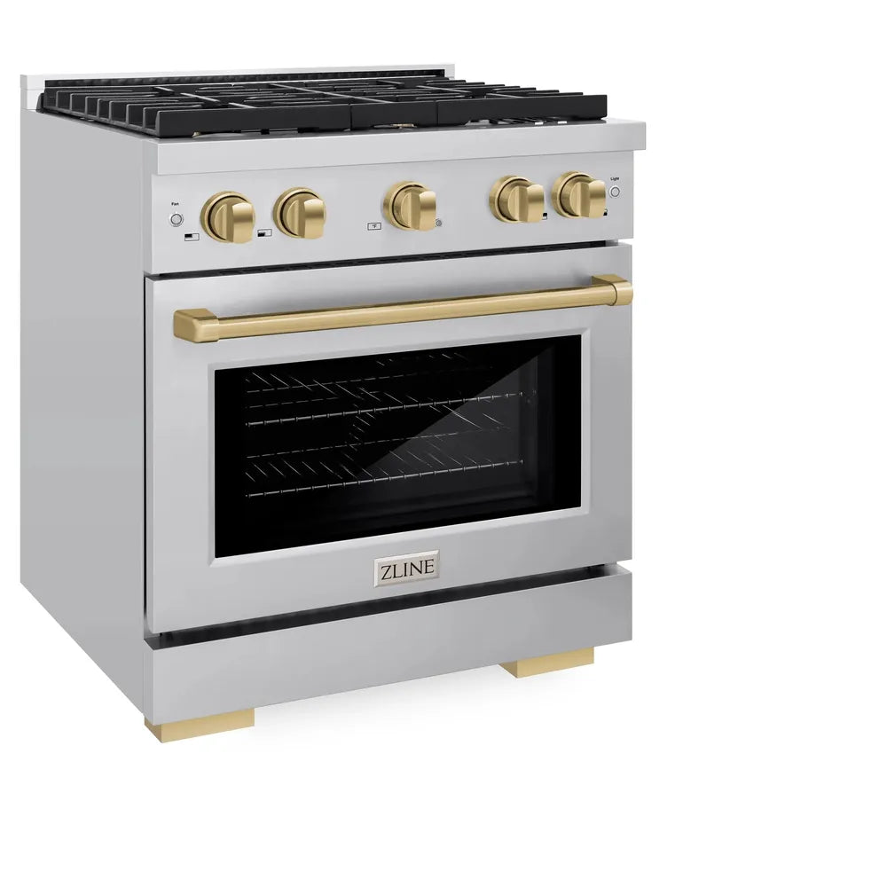 ZLINE Autograph Edition 30 in. 4.2 cu. ft. Paramount Dual Fuel Range with 4 Burner Gas Cooktop and Electric Convection Oven in Stainless Steel with Champagne Bronze Accents, Open Box-Great Condition