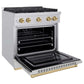 ZLINE Autograph Edition 30 in. 4.2 cu. ft. Paramount Dual Fuel Range with 4 Burner Gas Cooktop and Electric Convection Oven in Stainless Steel with Champagne Bronze Accents (SDRZ-30-CB) side, oven open.