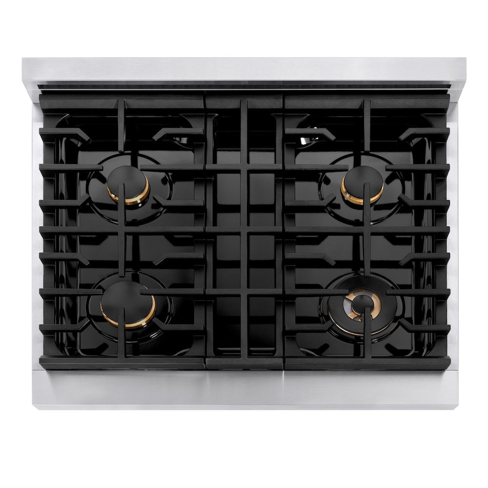 ZLINE Autograph Edition 30 in. 4.2 cu. ft. Paramount Dual Fuel Range with 4 Burner Gas Cooktop and Electric Convection Oven in Stainless Steel with Champagne Bronze Accents (SDRZ-30-CB) top-down, above cooktop.