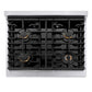 ZLINE Autograph Edition 30 in. 4.2 cu. ft. Paramount Dual Fuel Range with 4 Burner Gas Cooktop and Electric Convection Oven in Stainless Steel with Champagne Bronze Accents (SDRZ-30-CB) top-down, above cooktop.