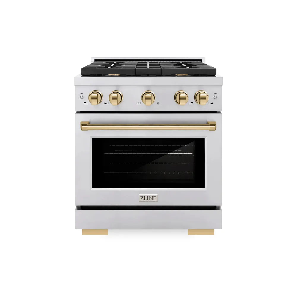 ZLINE Autograph Edition 30 in. 4.2 cu. ft. Paramount Dual Fuel Range with 4 Burner Gas Cooktop and Electric Convection Oven in Stainless Steel with Polished Gold Accents, Open Box-Great Condition