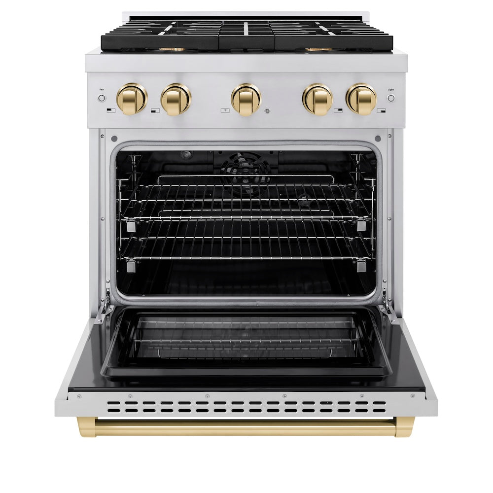 ZLINE Autograph Edition 30 in. 4.2 cu. ft. Paramount Dual Fuel Range with 4 Burner Gas Cooktop and Electric Convection Oven in Stainless Steel with Polished Gold Accents (SDRZ-30-G) front, oven open.