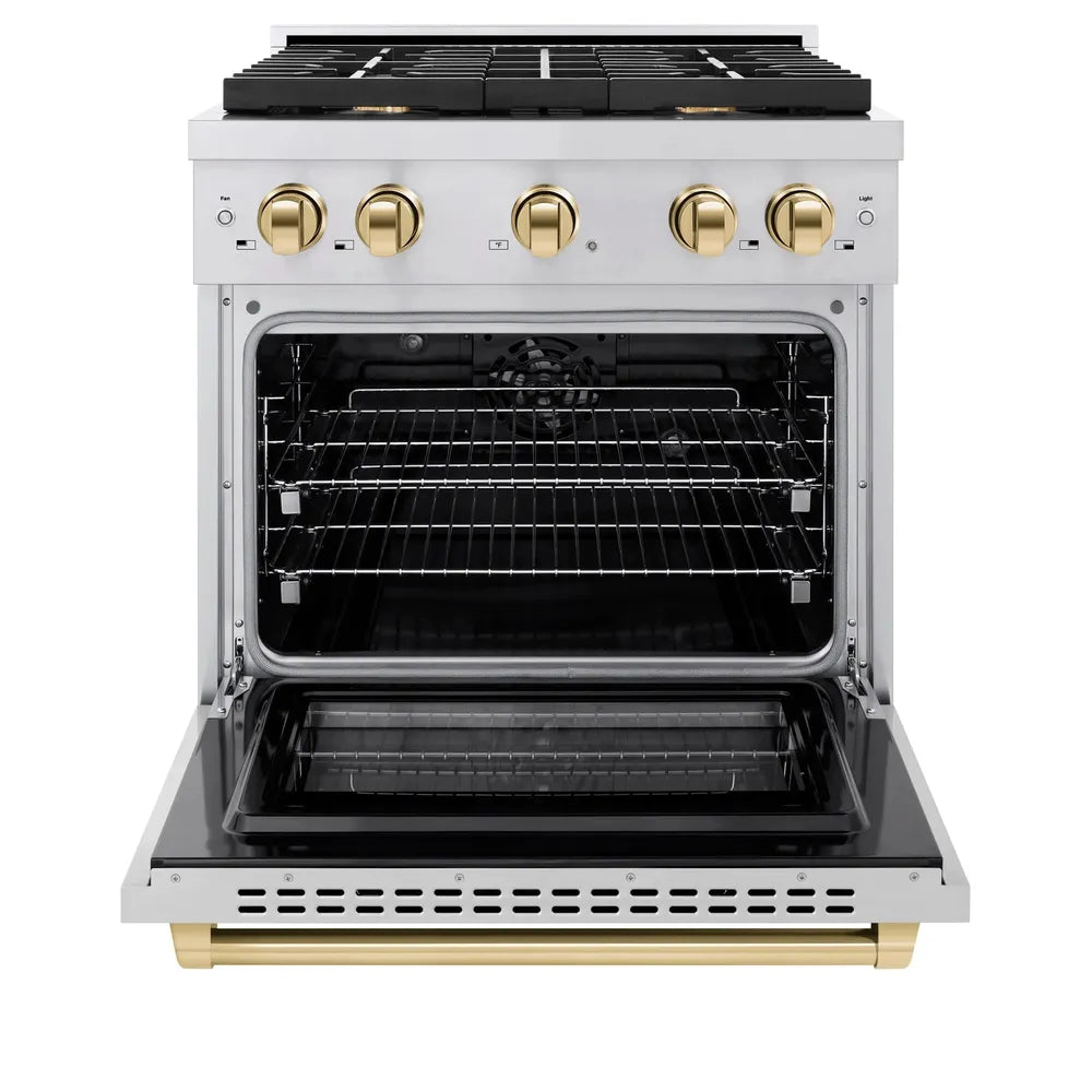 ZLINE Autograph Edition 30 in. 4.2 cu. ft. Paramount Dual Fuel Range with 4 Burner Gas Cooktop and Electric Convection Oven in Stainless Steel with Polished Gold Accents, Open Box-Great Condition