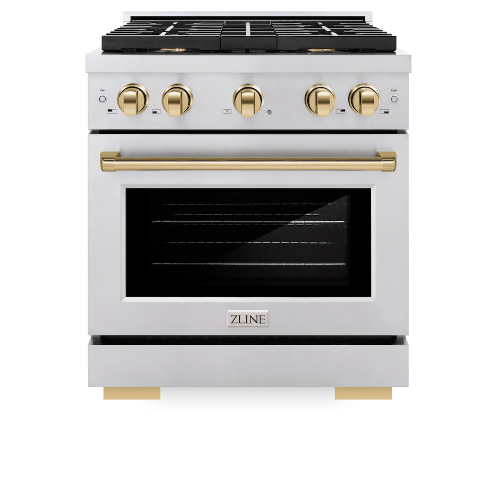 ZLINE Autograph Edition 30 in. 4.2 cu. ft. Paramount Dual Fuel Range with 4 Burner Gas Cooktop and Electric Convection Oven in Stainless Steel with Polished Gold Accents (SDRZ-30-G) front, oven closed.