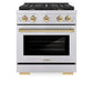 ZLINE Autograph Edition 30 in. 4.2 cu. ft. Paramount Dual Fuel Range with 4 Burner Gas Cooktop and Electric Convection Oven in Stainless Steel with Polished Gold Accents (SDRZ-30-G) front, oven closed.