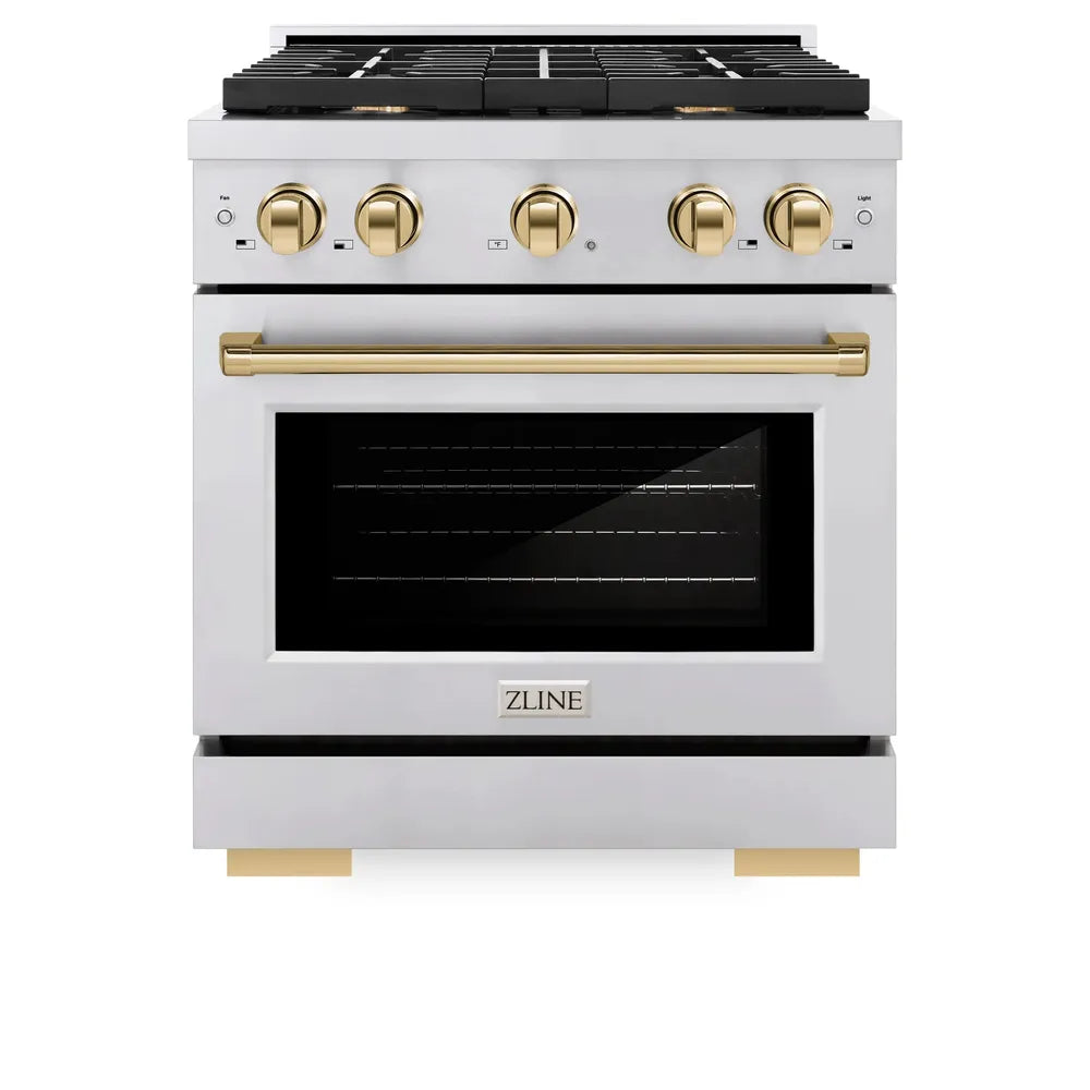 ZLINE Autograph Edition 30 in. 4.2 cu. ft. Paramount Dual Fuel Range with 4 Burner Gas Cooktop and Electric Convection Oven in Stainless Steel with Polished Gold Accents, Open Box-Great Condition