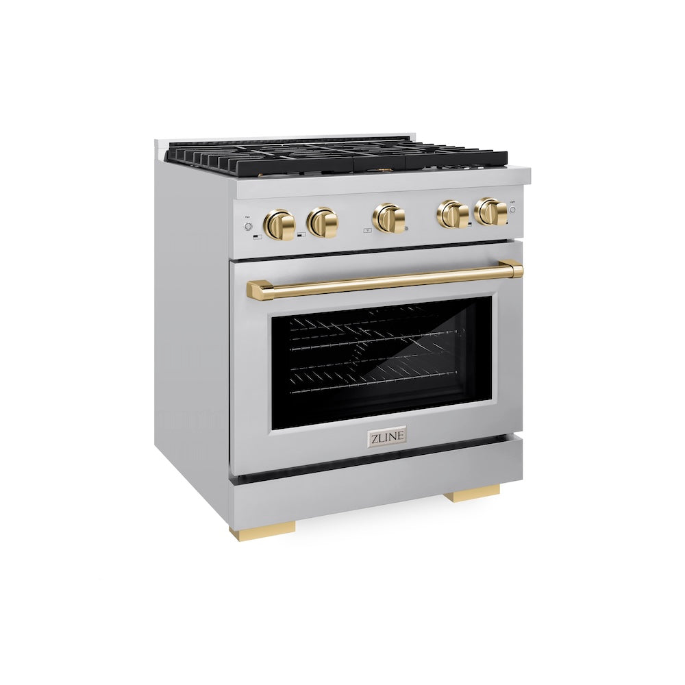 ZLINE Autograph Edition 30 in. 4.2 cu. ft. Paramount Dual Fuel Range with 4 Burner Gas Cooktop and Electric Convection Oven in Stainless Steel with Polished Gold Accents (SDRZ-30-G) side, oven closed.