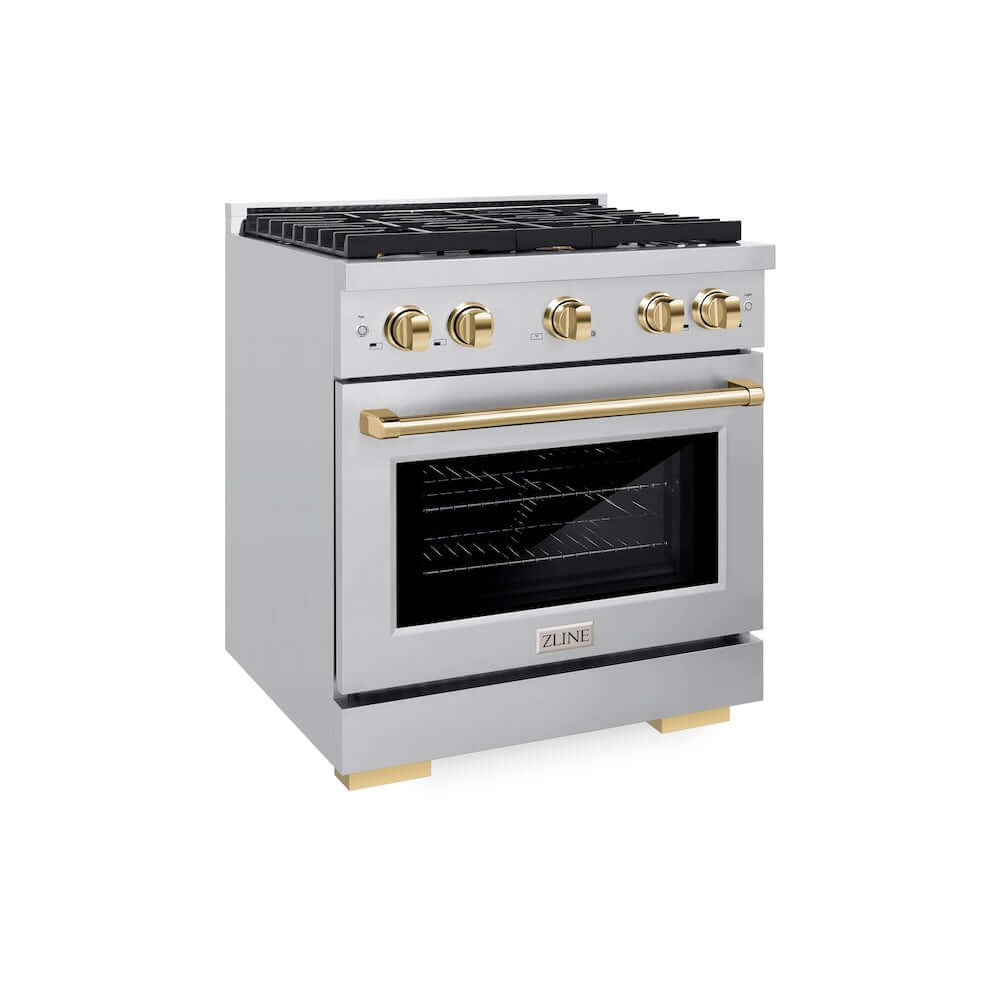 ZLINE Autograph Edition 30 in. 4.2 cu. ft. Paramount Dual Fuel Range with 4 Burner Gas Cooktop and Electric Convection Oven in Stainless Steel with Polished Gold Accents (SDRZ-30-G) main image.