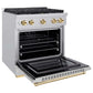 ZLINE Autograph Edition 30 in. 4.2 cu. ft. Paramount Dual Fuel Range with 4 Burner Gas Cooktop and Electric Convection Oven in Stainless Steel with Polished Gold Accents (SDRZ-30-G) side, open.