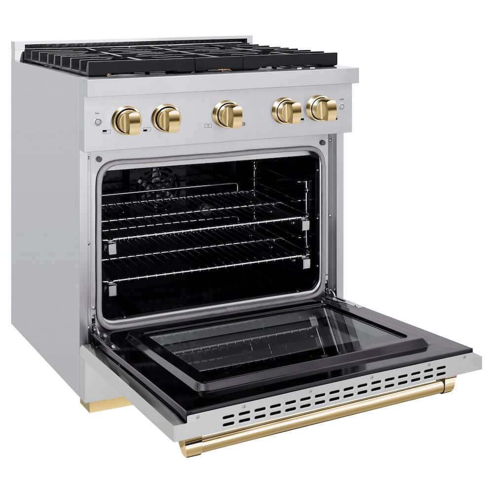 ZLINE Autograph Edition 30 in. 4.2 cu. ft. Paramount Dual Fuel Range with 4 Burner Gas Cooktop and Electric Convection Oven in Stainless Steel with Polished Gold Accents (SDRZ-30-G) side, open.