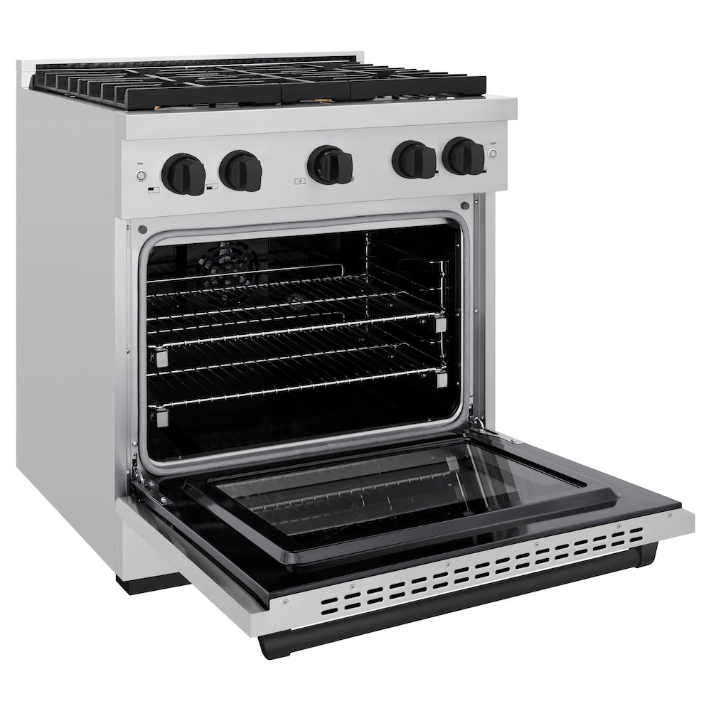 ZLINE Autograph Edition 30 in. 4.2 cu. ft. Paramount Dual Fuel Range with 4 Burner Gas Cooktop and Electric Convection Oven in Stainless Steel with Matte Black Accents (SDRZ-30-MB) side, oven open.