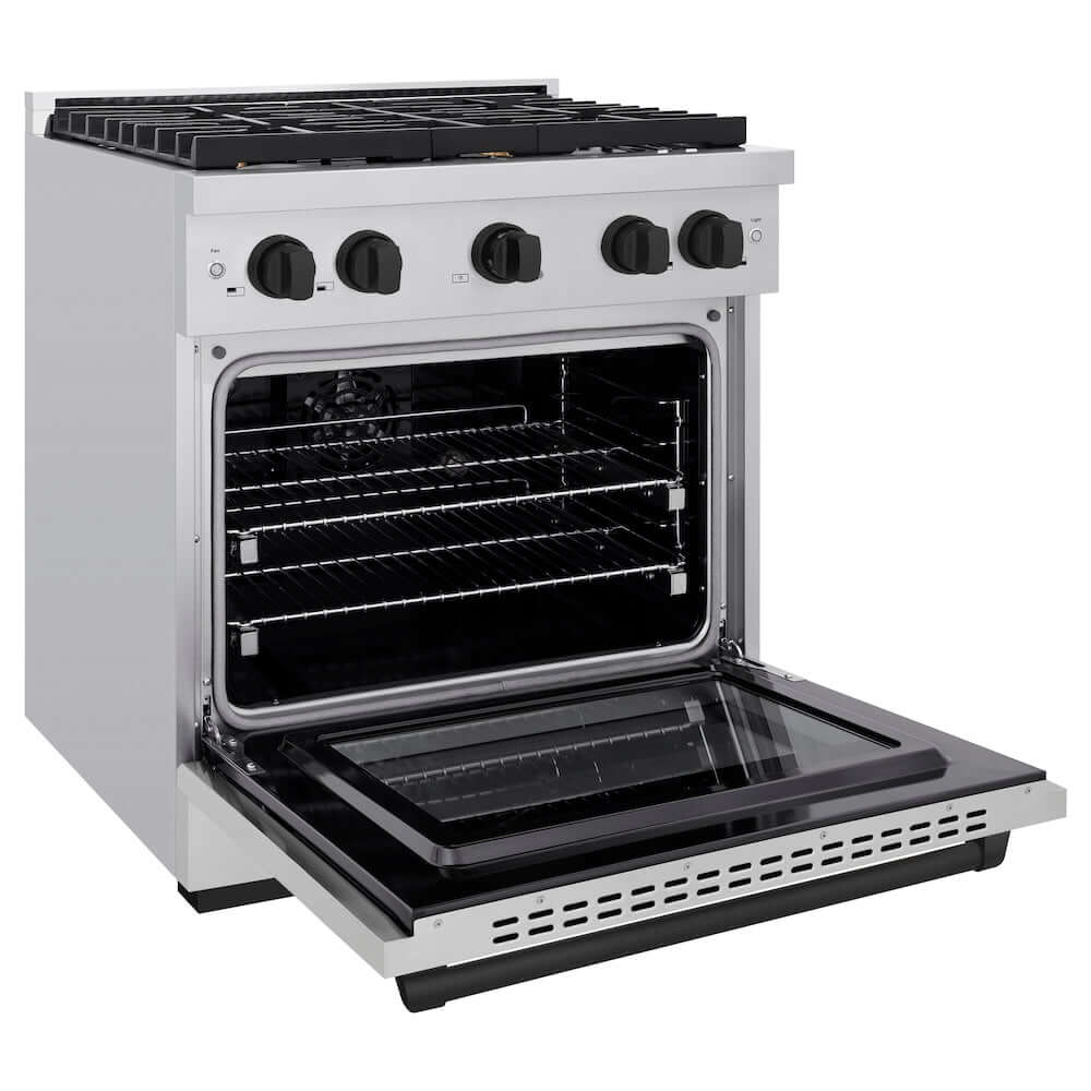 ZLINE Autograph Edition 30 in. 4.2 cu. ft. Paramount Dual Fuel Range with 4 Burner Gas Cooktop and Electric Convection Oven in Stainless Steel with Matte Black Accents (SDRZ-30-MB) side, open.