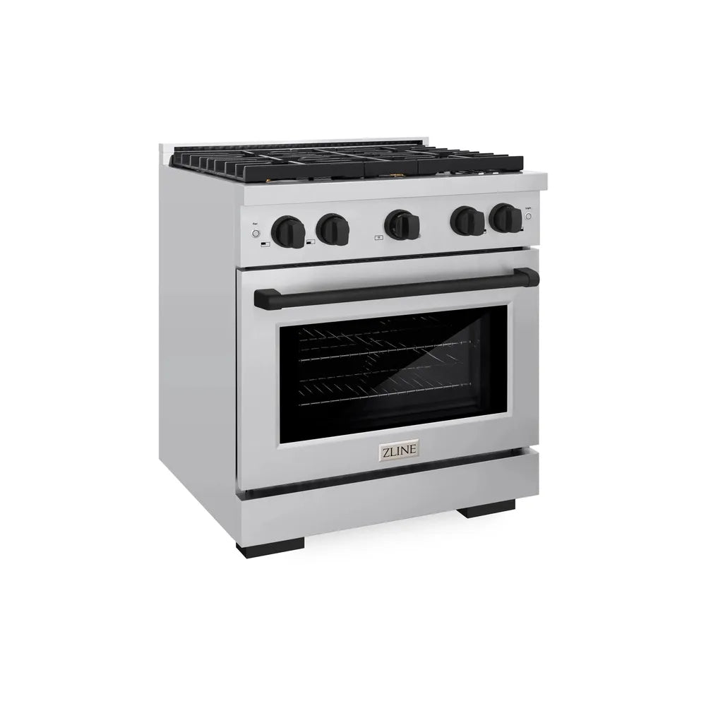 ZLINE Autograph Edition 30 in. 4.2 cu. ft. Paramount Dual Fuel Range with 4 Burner Gas Cooktop and Electric Convection Oven in Stainless Steel with Matte Black Accents, Open Box-Great Condition main image.