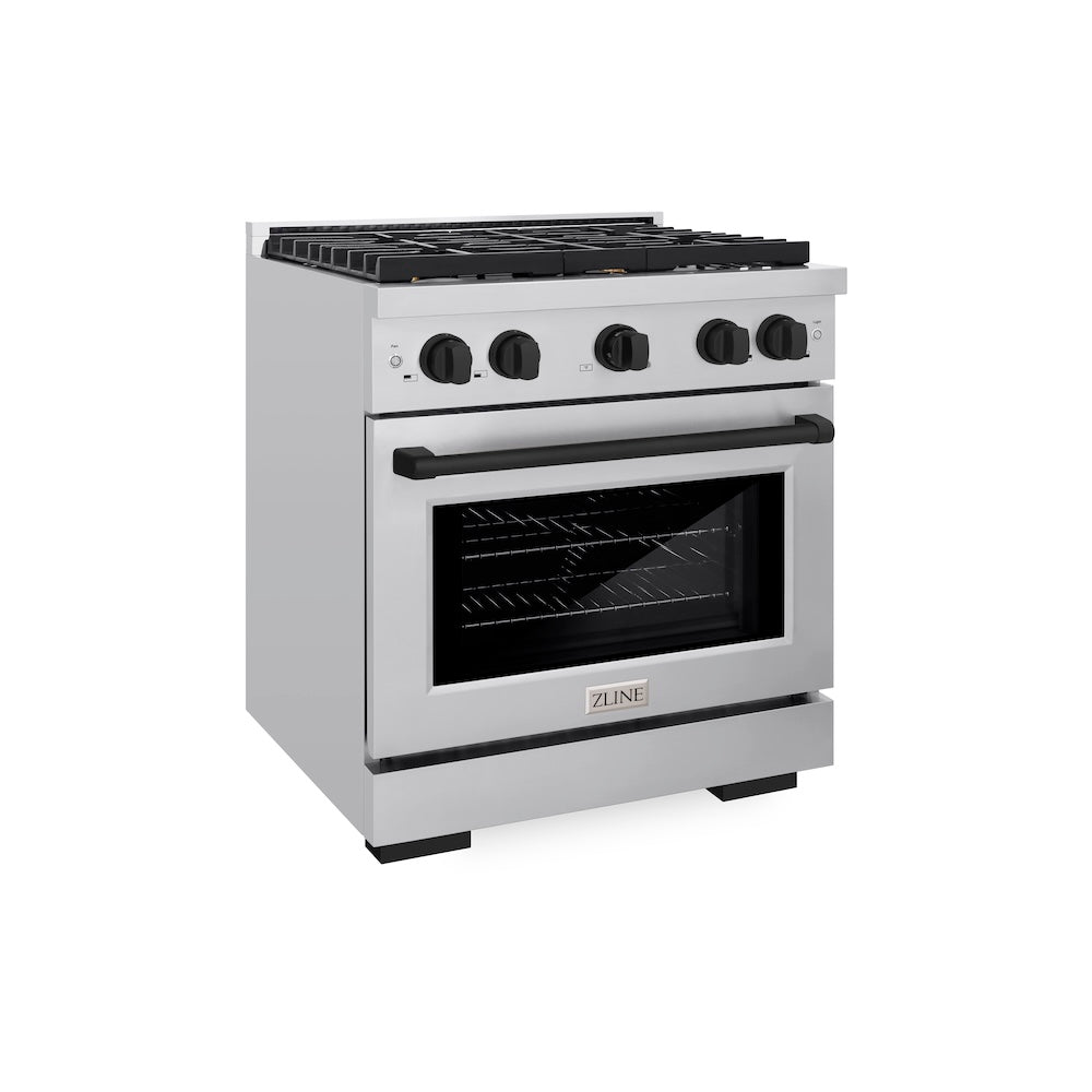 ZLINE Autograph Edition 30 in. 4.2 cu. ft. Paramount Dual Fuel Range with 4 Burner Gas Cooktop and Electric Convection Oven in Stainless Steel with Matte Black Accents, Open Box-Good Condition main image.