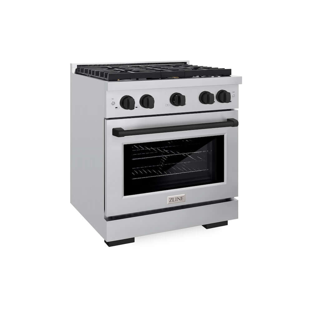 ZLINE Autograph Edition 30 in. 4.2 cu. ft. Paramount Dual Fuel Range with 4 Burner Gas Cooktop and Electric Convection Oven in Stainless Steel with Matte Black Accents (SDRZ-30-MB) main image.