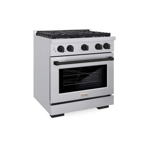 ZLINE Autograph Edition 30 in. 4.2 cu. ft. Paramount Dual Fuel Range with 4 Burner Gas Cooktop and Electric Convection Oven in Stainless Steel with Matte Black Accents (SDRZ-30-MB) main image.